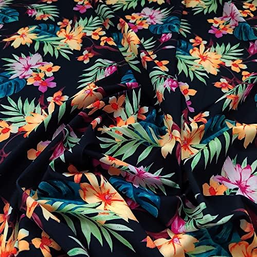 FabricArt Turuncu ve Pembe Çiçek Yeşil Yapraklar Siyah Arka Plan Çiçek Bahçesinde, 4 Yönlü Streç Naylon Spandex Örgü