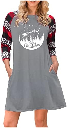 Fragarn kadınlar Noel baskı uzun kollu tunik elbiseler cepler artı boyutu T-Shirt elbise
