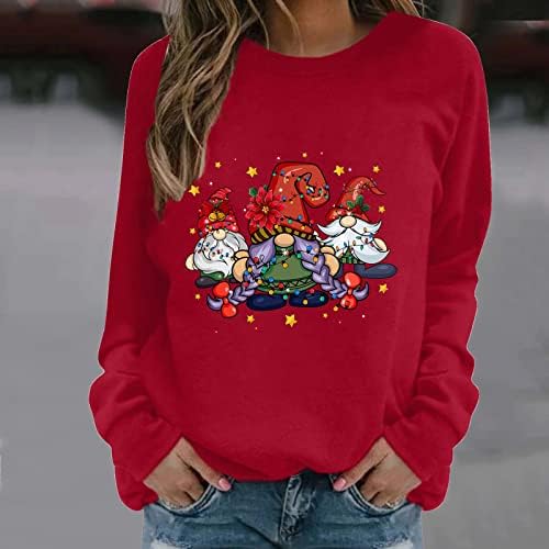 Noel Sevimli Grafik Tişörtü Kadınlar için Rahat Gevşek Uzun Kollu Ekip Boyun Kazaklar Boy Polar Üst Bluz