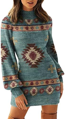 Batı Aztek Kazak Elbise Kadınlar için Vintage Etnik Örme Balıkçı Yaka Kazak Elbise Fenerler Uzun Kollu Elbiseler