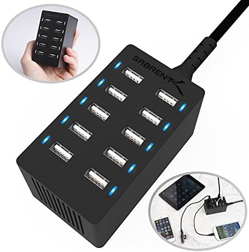SABRENT 60 Watt (12 Amp) 10 Bağlantı Noktası [UL Sertifikalı] Aile Boyu Masaüstü USB Hızlı Şarj Cihazı. [Siyah] ve