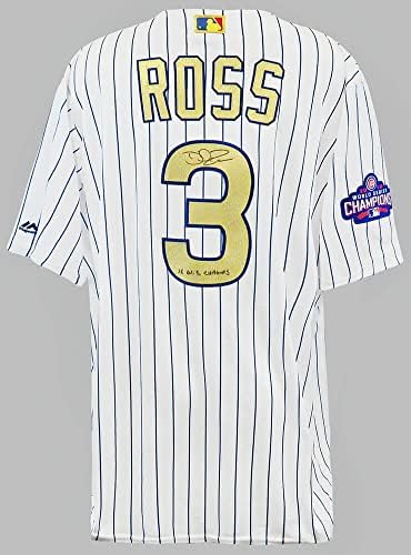 David Ross İmzalı Chicago Cubs Beyaz Çizgili Altın Dünya Serisi Champs Majestic Forması w / 16 WS Champs İmzalı MLB