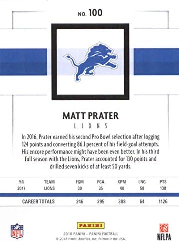 2018 Panini NFL Futbol 100 Matt Prater Detroit Lions Resmi Ticaret Kartı