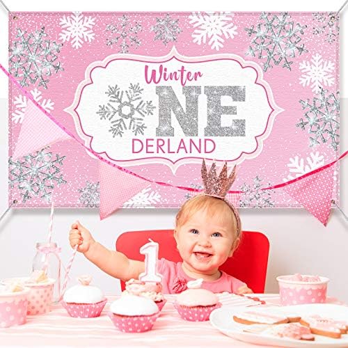 Kış Onederland Zemin Afiş Pembe Gümüş Kar Tanesi Fotoğraf Arka Plan Kızlar Tatlı İlk Noel Doğum Günü Partisi Süslemeleri