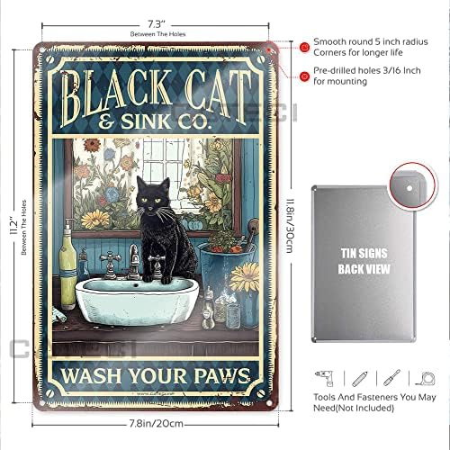 Kaprisli Siyah Kedi Pençelerinizi Yıkayın Vintage Metal Tabela, Banyo ve Ofis için Benzersiz Duvar Dekoru / Komik