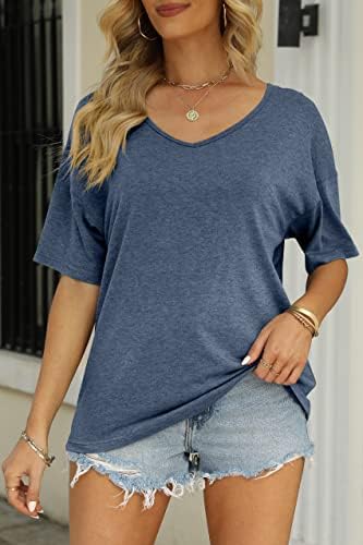 MİROL kadın Yarım Kollu T Shirt Moda V Yaka Boy Gevşek Katı Casual Temel Bluzlar Tops