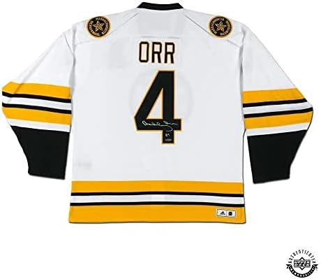 Bobby Orr İmzalı Boston Bruins Hokey Kahramanları Otantik Beyaz Forma-Üst Güverte İmzalı NHL Formaları