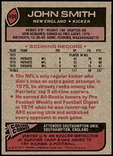 1977 Topps 499 John Smith New England Yurtseverleri (Futbol Kartı) ESKİ / MT Patriots Southampton