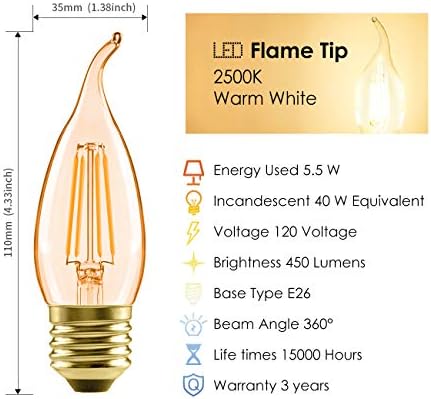 LVWIT B11 Alev İpucu LED Filament Ampuller E26 Şamdan Bankası 5.5 W (40 W Eşdeğer) dim 2500 K Sıcak Beyaz Avize Mum