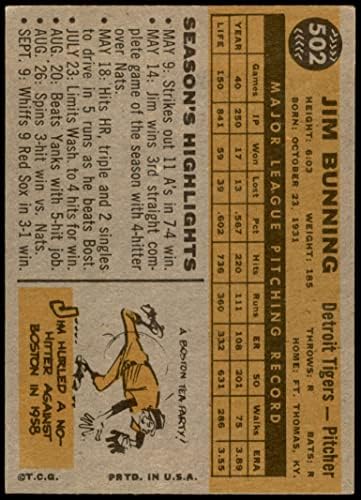 1960 Topps 502 Jim Bunning Detroit Kaplanları (Beyzbol Kartı) ESKİ + Kaplanlar