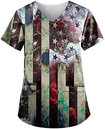 4th Temmuz T-Shirt Kadınlar için Amerikan Bayrağı Yaz Kısa Kollu V Boyun Tshirt 2 Cepler Bluzlar Tatil Rahat İş Giysisi
