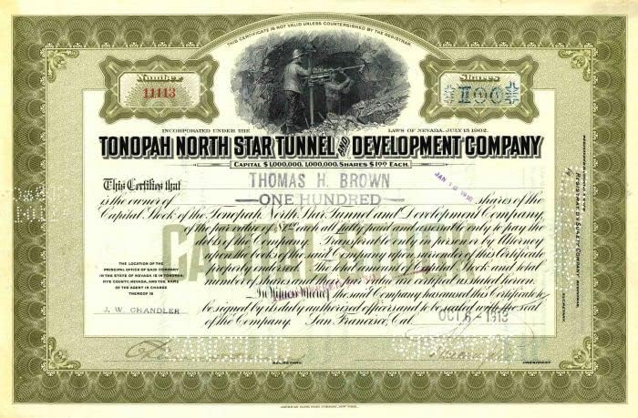 Tonopah Kuzey Yıldızı Tüneli ve Geliştirme A. Ş. - Madencilik Stok Sertifikası
