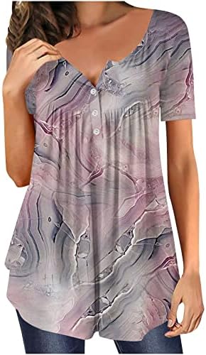 Kadınlar Ombre Batik Henley Gömlek Renkli Mermer Grafik Tunik Üstleri Tayt Rahat Fit Dantelli Ön Kısa Kollu Bluz