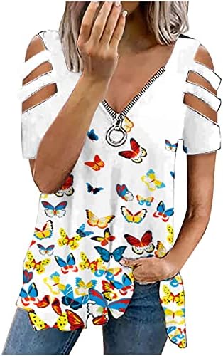 Yaz T Shirt Kadınlar için Fermuar V Boyun Soğuk Omuz En Tees Çiçek Baskılı Gevşek Bluz Tunik Üstleri Tayt