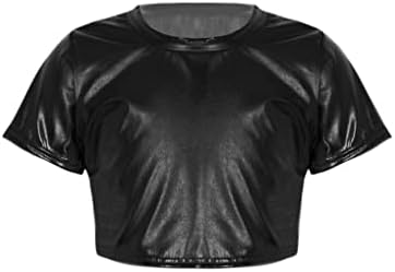 Hansber Çocuk Kız Erkek Kısa Kollu Dans Kırpma Üst Parlak Metalik Performans T-Shirt Caz Modern Dans Üstleri Siyah
