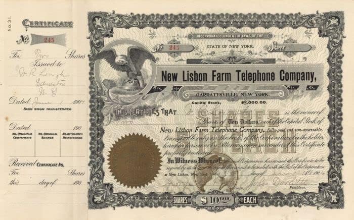 New Lisbon Farm Telephone Co, Garrattsville, New York - Stok Sertifikası