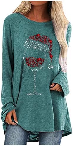 Noel Elbise Kadınlar için Tops, Artı Boyutu Tunik Bluzlar şarap bardakları Santa Şapka Baskı T-Shirt Komik Şarap Sevgilisi