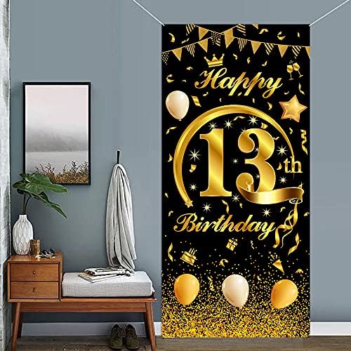 Mocossmy Mutlu 13th Doğum Günü Kapı Afiş, Büyük Siyah ve Altın Mutlu Doğum Günü Kapı Kapak Sundurma Fotoğraf Arka