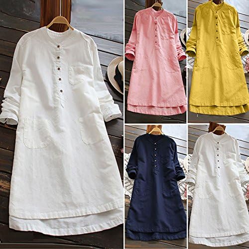 Kadınlar için elbise, JFLYOU Pamuk Retro Uzun Kollu Casual Gevşek Düğme Bluz Mini Gömlek Elbise Tops