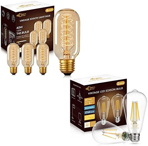 DORESshop 2 Paket 8 W kısılabilir LED Edison Ampul [ST64] 4 Paket 40 W Kısılabilir Akkor ampuller [T45], E26 Tabanı,