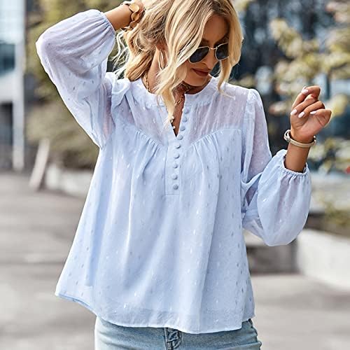 Kadın Zarif şifon bluz Fener Uzun Kollu Düğme Casual Tee Tops İsviçre Nokta İş Gevşek Dökümlü Gömlek