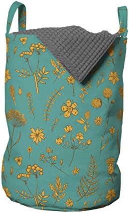 Ambesonne Çiçekli Çamaşır Torbası, Sürekli Çiçek Deseni İki Renkli Tasarım Turkuaz Arka İllüstrasyon, Kulplu Sepet