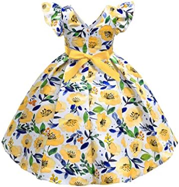 Yumurta likörü Toddler Kız Düğün Prenses Elbise Kız Fly Ruffled Kollu V Yaka Çiçek Baskılar Tül Katmanlı Parti Elbise