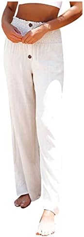 lcepcy kadın Yüksek Belli Pilili Düğme Pantolon Rahat Geniş Bacak Keten dinlenme pantolonu Gevşek Fit Nefes Yaz Slacks
