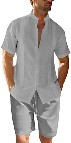 Hestenve Mens 2 Parça Keten Setleri Kıyafet Casual Düğme Aşağı Gömlek ve Kısa Set Yaz Plaj Kıyafetleri