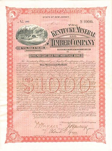 Kentucky Maden ve Kereste A. Ş. Brayton Ives ve Thomas Fortune Ryan tarafından imzalanan 1.000 Dolarlık Ödenmemiş