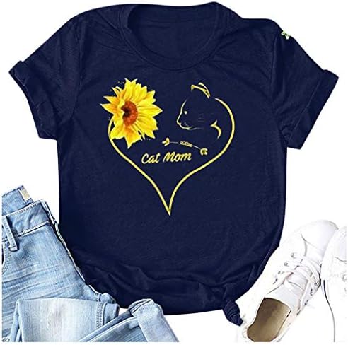 Yaz Kadın Kedi Anne Mektup baskı t-shirt Tops Çiçek Kalp Grafik Bluz Casual Kısa Kollu Crewneck Tee Gömlek