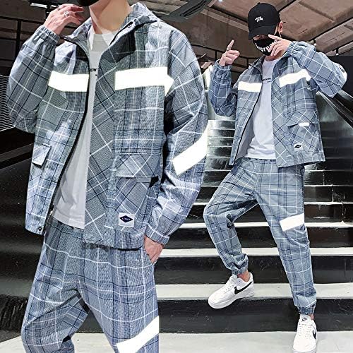 Ekose Eşofman Erkek kapüşonlu eşofman üstü 2 Parça Erkek Yansıtıcı Jogger Setleri Streetwear Kazak Eşofman