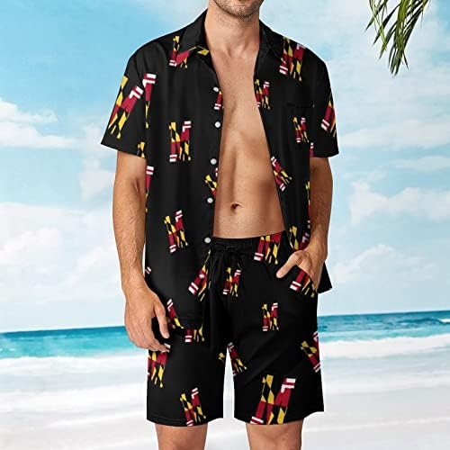 WEEDKEYCAT Maryland Bayrağı M erkek Plaj Kıyafetleri 2 Parça Hawaiian Düğme Aşağı Gömlek Kısa Kollu ve Şort Gövde