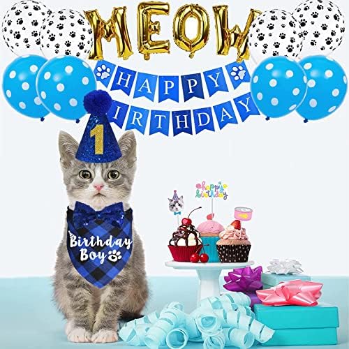 JOTFA Kedi Doğum Günü Partisi Malzemeleri, Kedi Yavrusu Doğum Günü Bandana ile Kedi doğum günü şapkası papyon Doğum