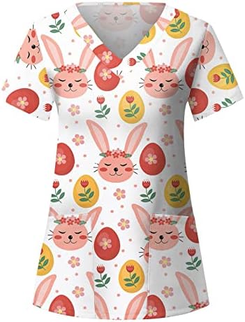 Bayan Moda Paskalya Scrub_Tops Kısa Kollu V Boyun T-Shirt Cepler ile Renkli Tavşan Baskılı Gömlek Tops