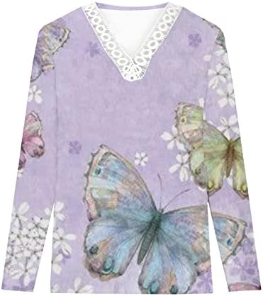 Dantel V Boyun boyun Üstleri Bayanlar için Sonbahar Yaz Uzun Kollu Kelebek Çiçek Baskı Brunch Üstleri T Shirt Genç