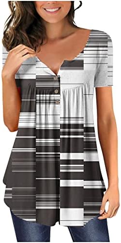 Kadın Tunik Üstleri Tayt Renk Blok Patchwork Pilili Bluz Kısa Kollu Tee Gömlek Düğme Up Casual Bluzlar
