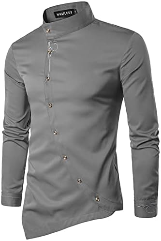 XZHDD Gömlek Mens, bahar uzun kollu elbise Eğimli Düğme Aşağı Balıkçı Yaka Resmi Üstleri Düzensiz Hem Slim Fit Casual