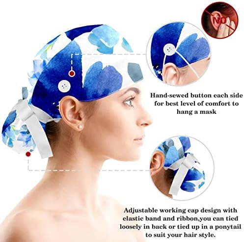Tatlı Kalp Pembe Mavi Çiçek Çalışma Kapağı Düğmeleri ile, Ayarlanabilir Cerrahi Fırçalama Kapağı Yay Saç Toka