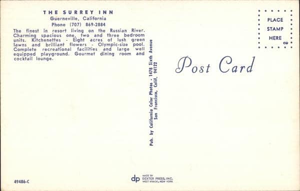 Surrey Inn Guerneville, Kaliforniya CA Orijinal Vintage Kartpostal