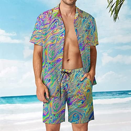 Psychedelic Trippy Batik erkek 2 Parça Plaj Kıyafetleri Hawaiian Düğme Aşağı Kısa Kollu Gömlek ve Şort Takım Elbise