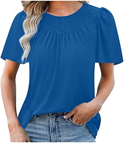 Bayan Yaz Üstleri Şık Rahat Gevşek Fit Tişörtleri Zarif Büzgülü Yuvarlak Boyun Kısa Kollu Gömlek Kadınlar için 2023