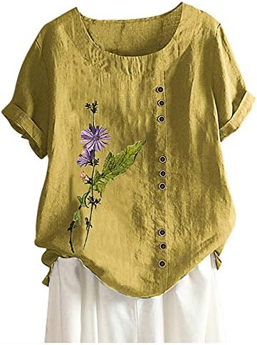 Büyük boy Ekip Boyun Keten Üstleri Kadın Kısa Kollu Pamuk Karışımı Tee Gömlek Vintage Çiçek Grafik Gevşek Tunik Bluz