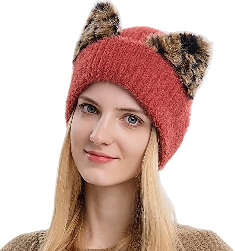 YEKEYI Bere Şapka Kadınlar için Sevimli Kedi Kulak Bere Kış Şapka Boynuzları Bere Şapka Örgü Kaflı Sıcak Kayak Kapaklar