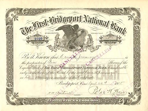 İlk-Bridgeport Ulusal Bankası - Hisse Senedi Sertifikası