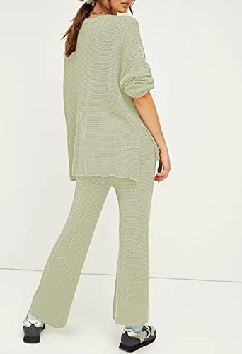 Kadın Rahat İki Parçalı Kıyafetler-Henley Düğme V Boyun Gevşek Fit Sonbahar Kış Uzun Kollu pantolon seti