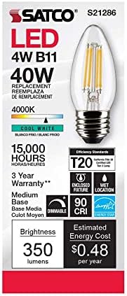 Satco S21286 / 06 4 Watt LED E26 Ampuller, 4000K, 15000 Saat Değerlendirme, Kısılabilir, 6'lı Paket