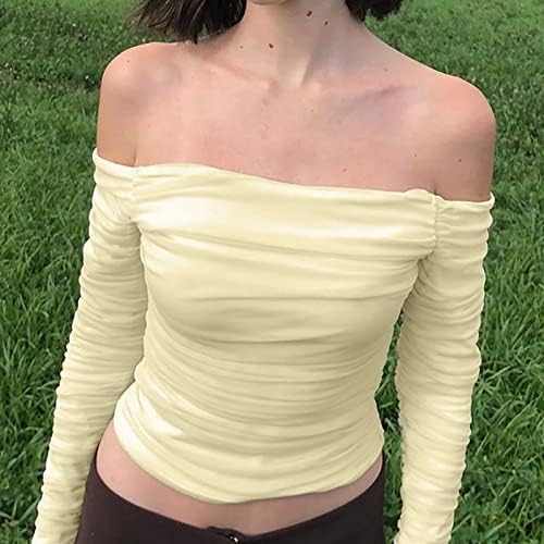 Bayan Dantelli Kapalı Omuz Kırpma Üst Seksi Slim Fit Uzun Kollu T Gömlek Katı Yüksek Elastik Tee Bluz Zarif Streetwear
