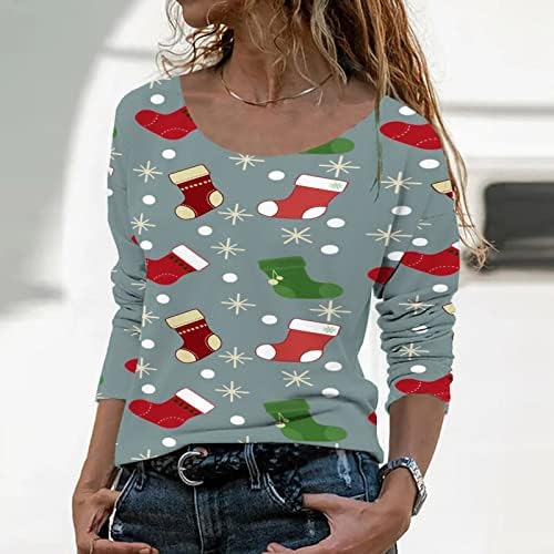 Bayan Noel Üstleri Sevimli Baskılı Tişörtleri Uzun Kollu Kazak Casual Scoop Boyun Kazak Gevşek Rahat Bluzlar Tops