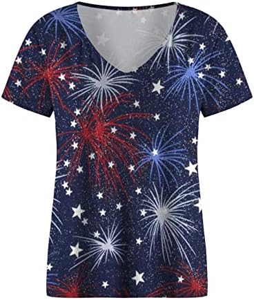 QCEMEN kadın Yaz T-Shirt Bağımsızlık Günü Amerikan Bayrağı Baskılı Üstleri V Boyun Kısa Kollu Gömlek Casual Retro